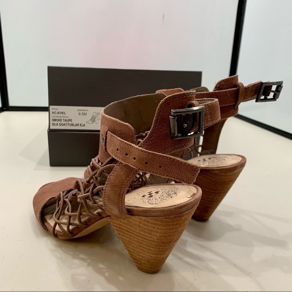 Vince Camuto Bootie Adult 8.5 Smoke Taupe VC-Evel Stacked Block Heel Open Toe - Picture 3 of 12